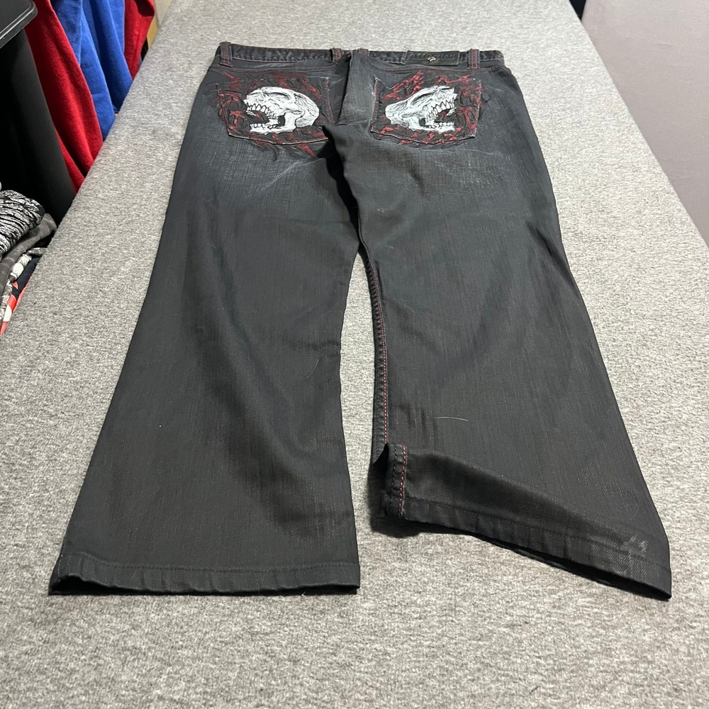 Affliction Denim Killers Men Black Jeans Skull Embroidered Red Stitch 38x28